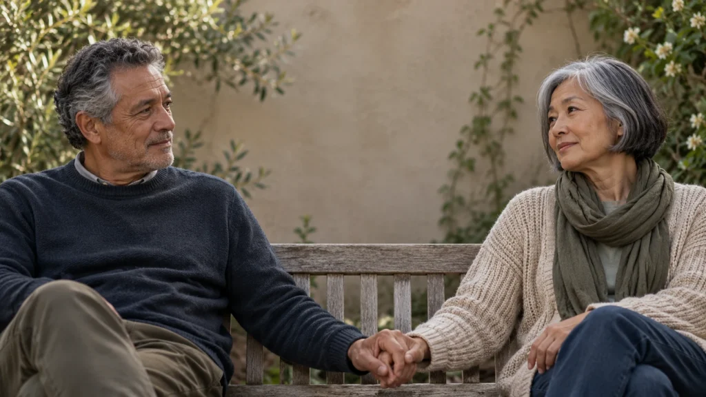 Two older partners share a reassuring handhold on a garden bench.