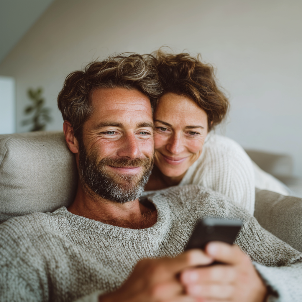 A couple is shown in the photo. The man is holding a cell phone and the woman's face is very close to her partner's; they are both smiling while looking at the phone.