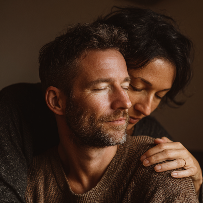 A woman gently hugs a man from behind, their faces are close and their eyes are closed as they smile affectionately.