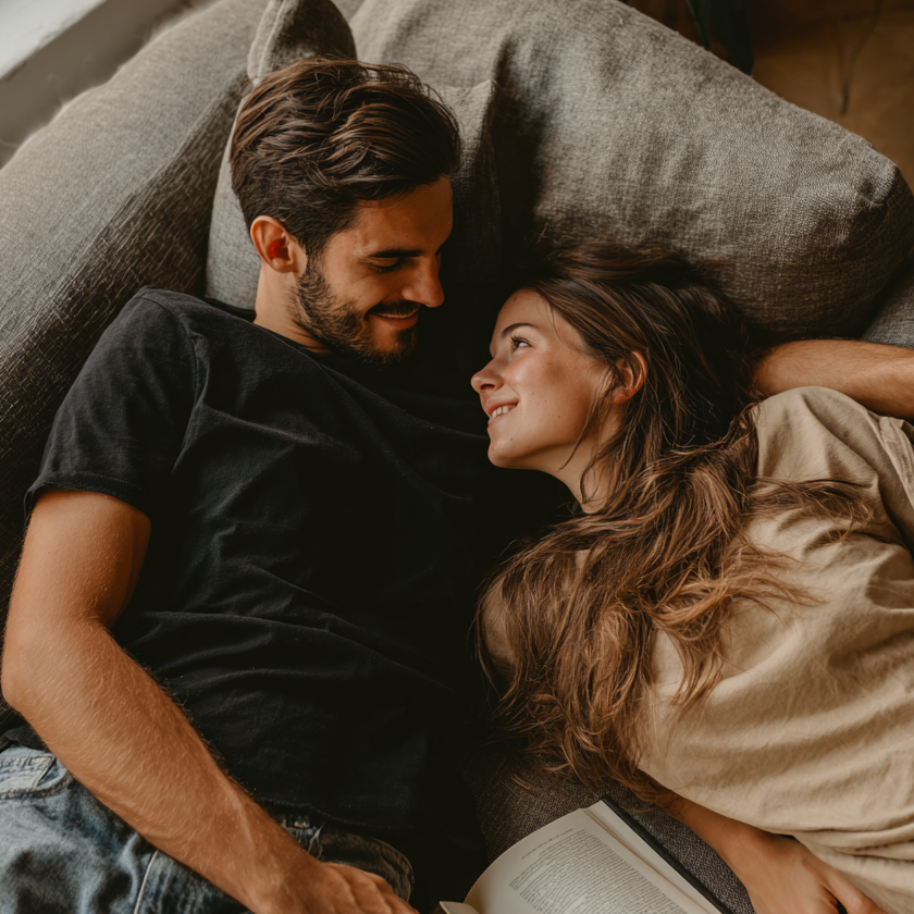 A couple is lying together on the sofa while the man puts his arm around the woman's shoulders, and they are both looking into each other's eyes.