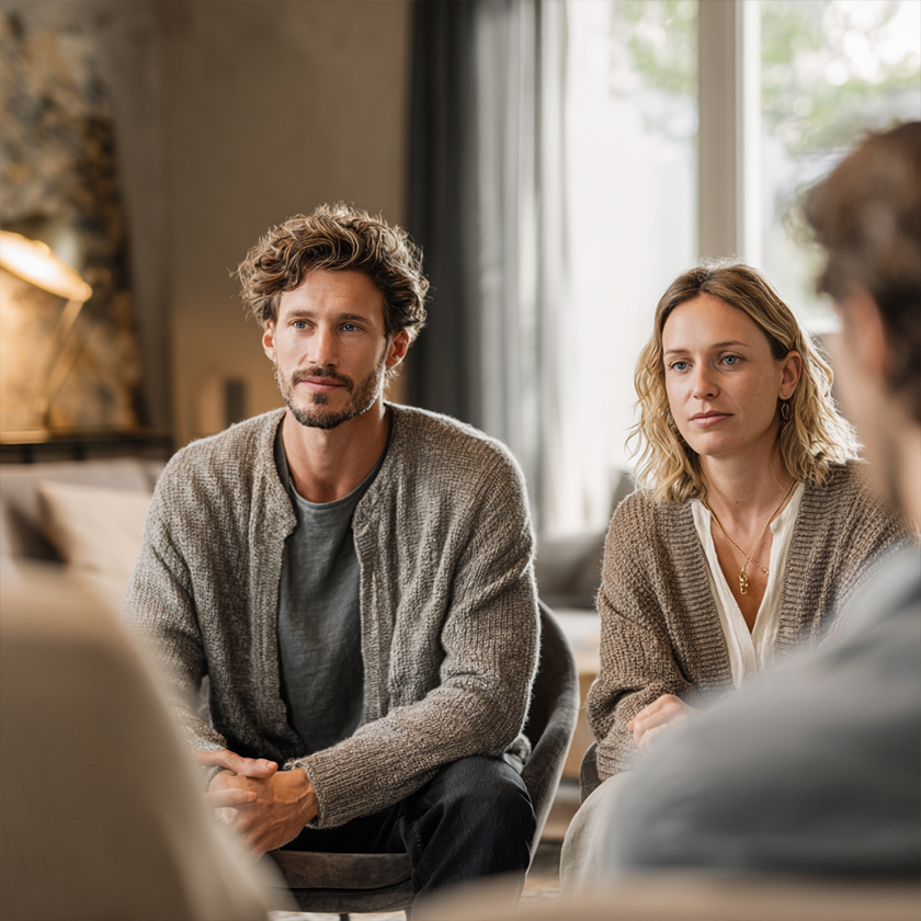A couple is seated facing therapists. Light enters the room through a large window behind them; the therapists are seen with their backs to the camera.