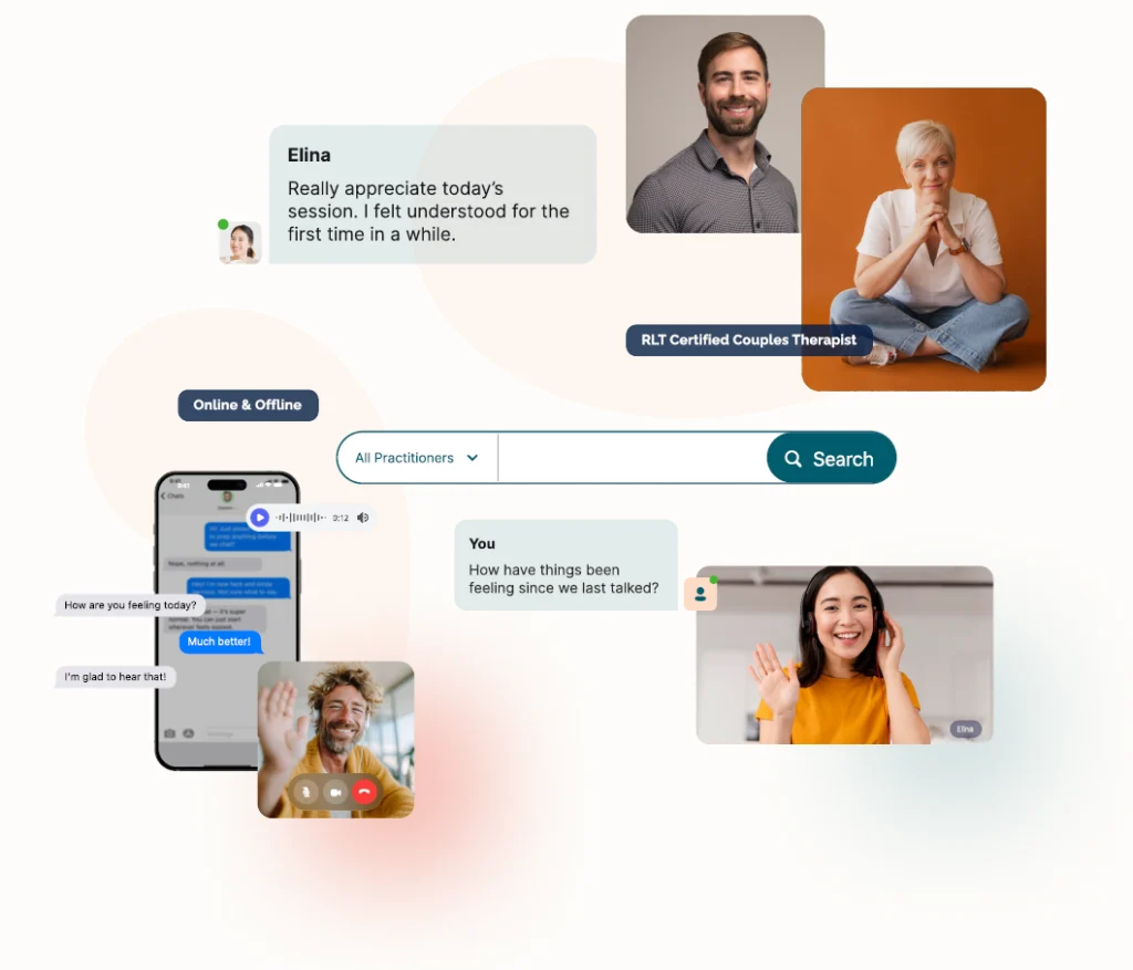 a cluster of images and elements combined to form a composition featuring photos of people, a survey form, phone messages, and people talking on video calls
