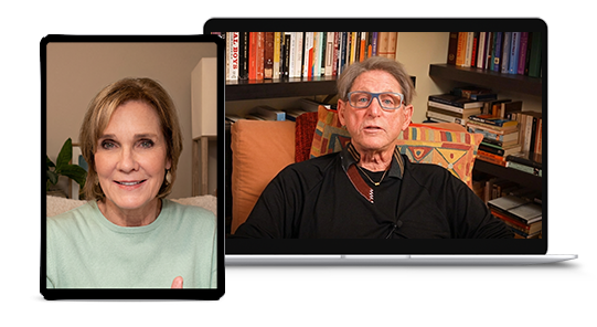 Pre-recorded RLT training module on a laptop and tablet, Terry Real and a participant on video