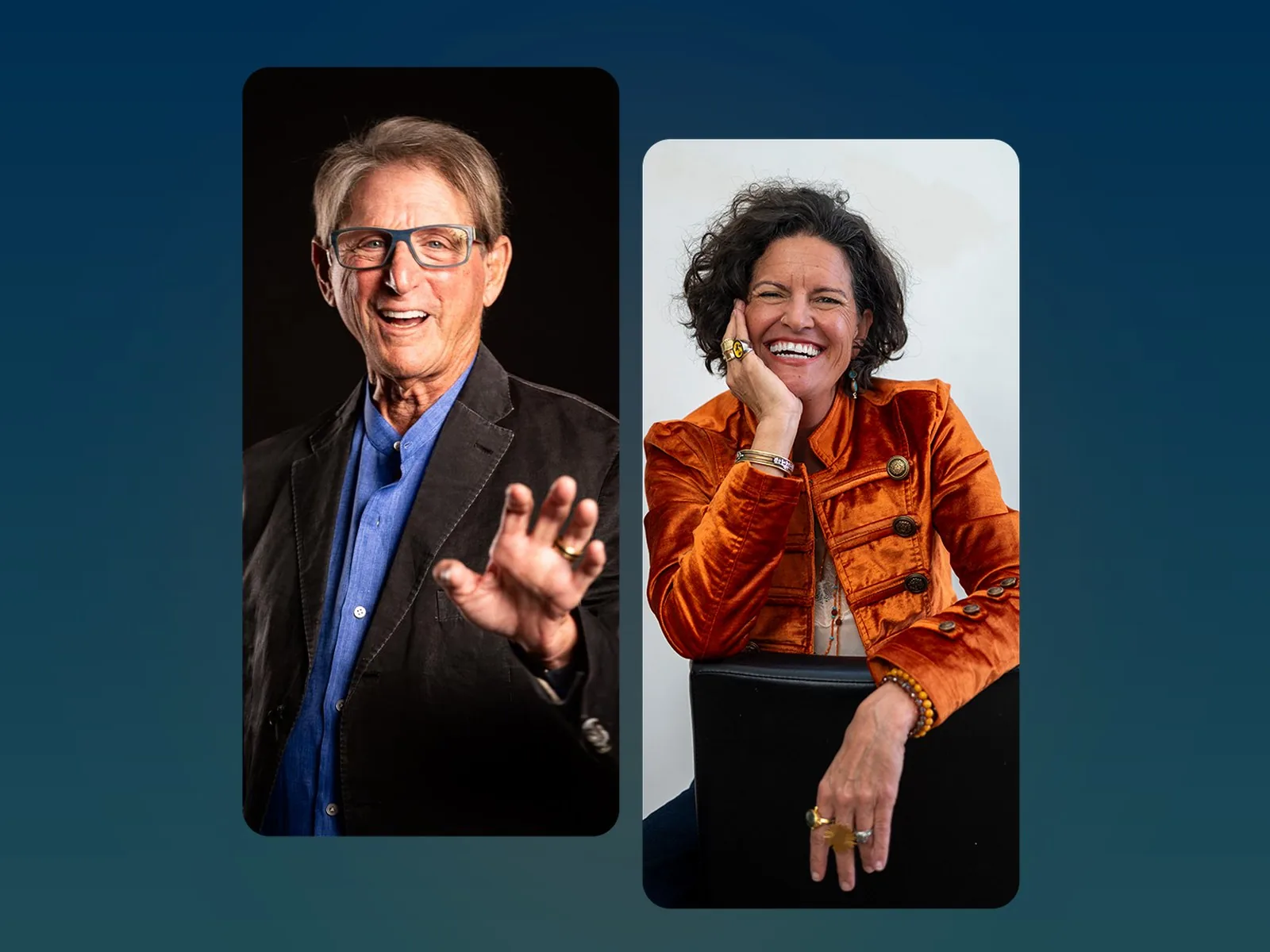 Terry Real and Dr. Mindy Pelz laughing in side-by-side portraits